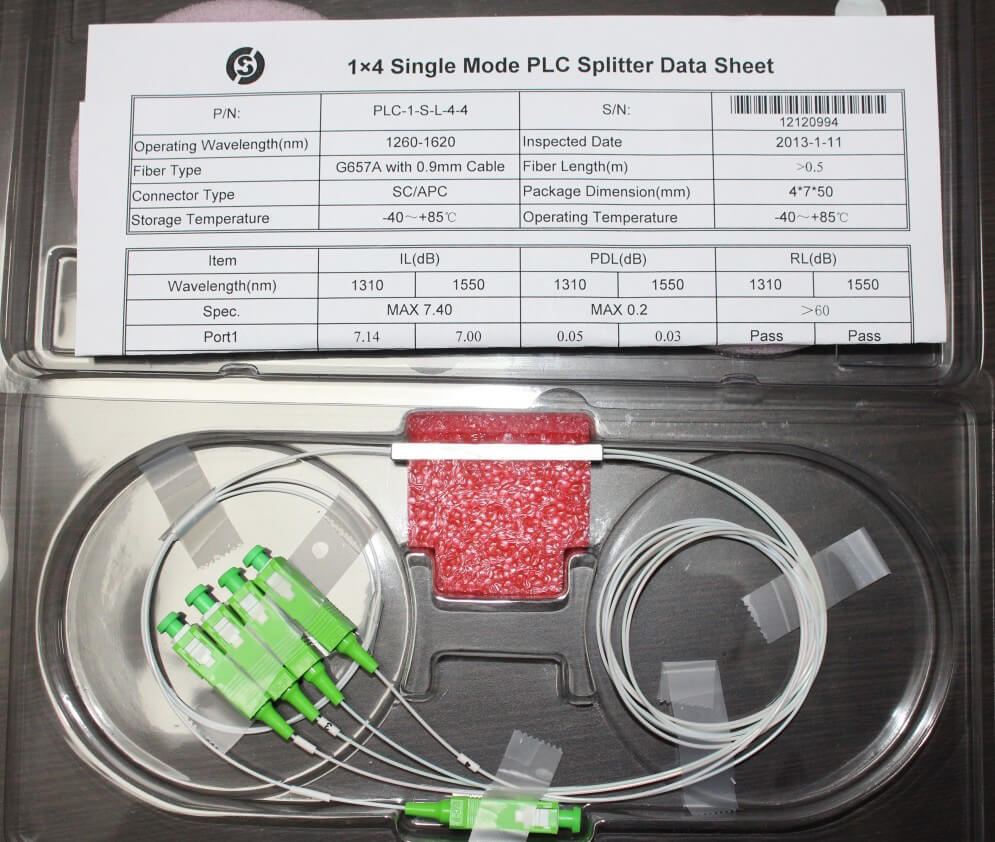 1x4 Single Mode Optic Fiber PLC Splitter